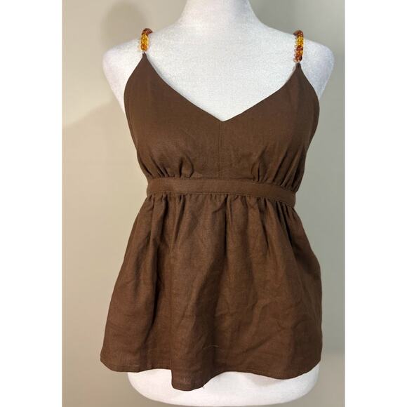 Rachel Zoe Brown Linen Blend Halter Top Beaded Straps Size XS NWT - Picture 1 of 6